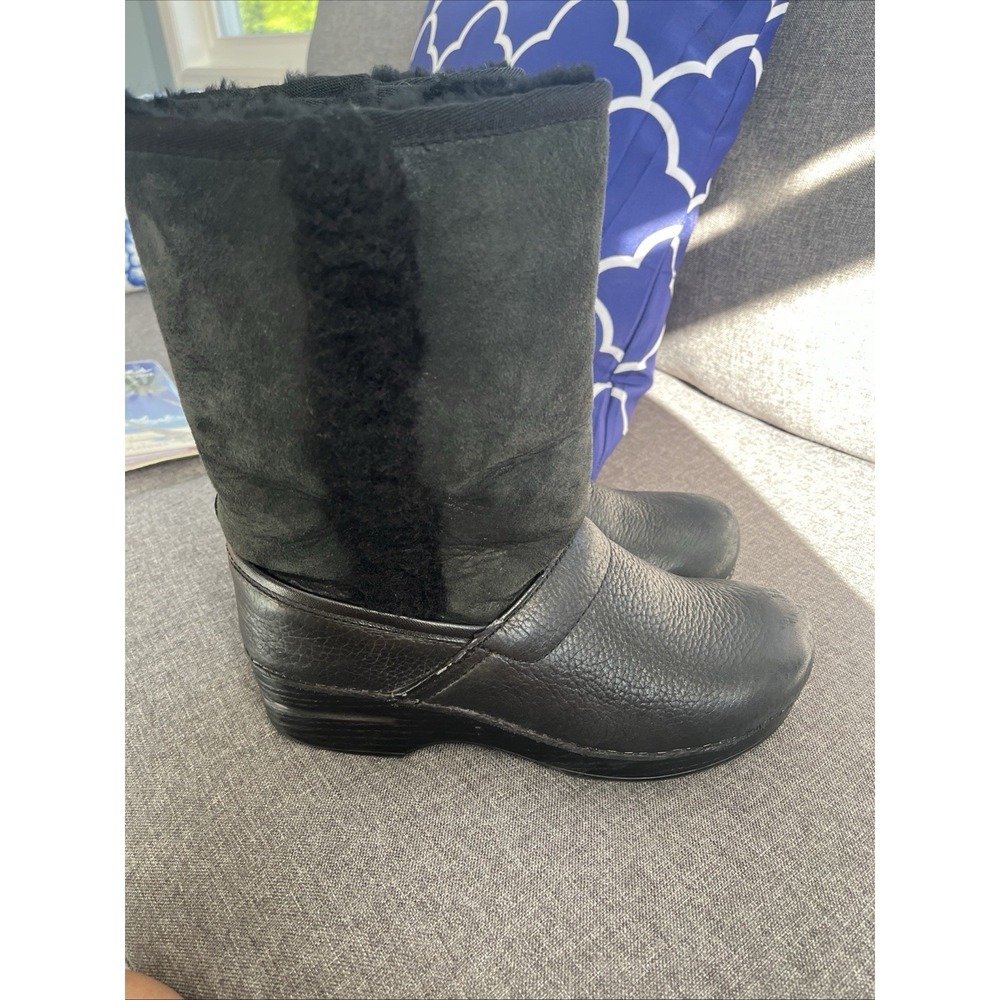 Dansko LNC Black Leather Boots Clogs Shearling Lining Women's EU 38 US 7.5-8